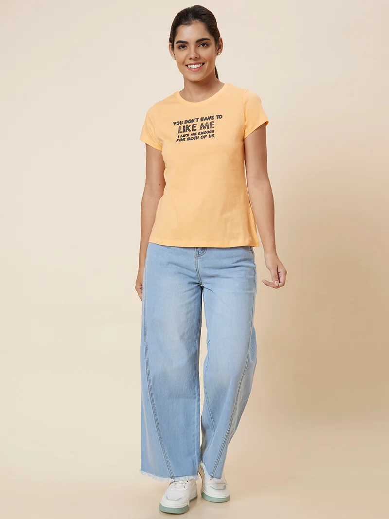 globus Globus Women Peach Typography Printed Pure Cotton T-Shirt