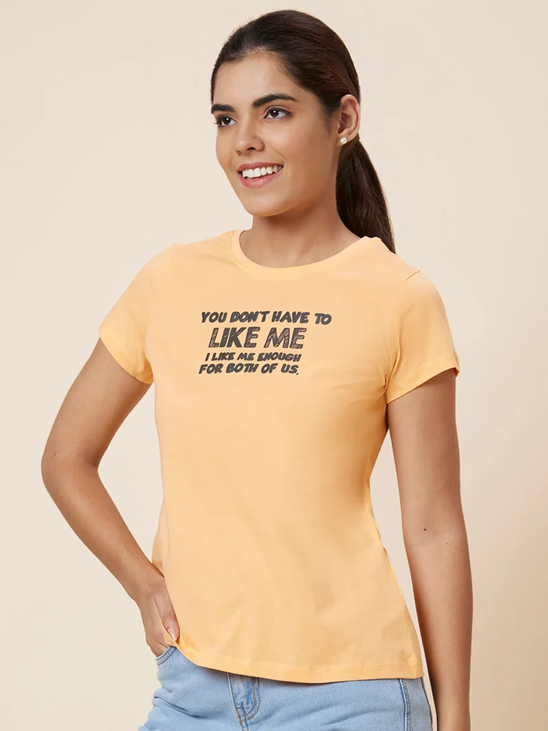 globus Globus Women Peach Typography Printed Pure Cotton T-Shirt
