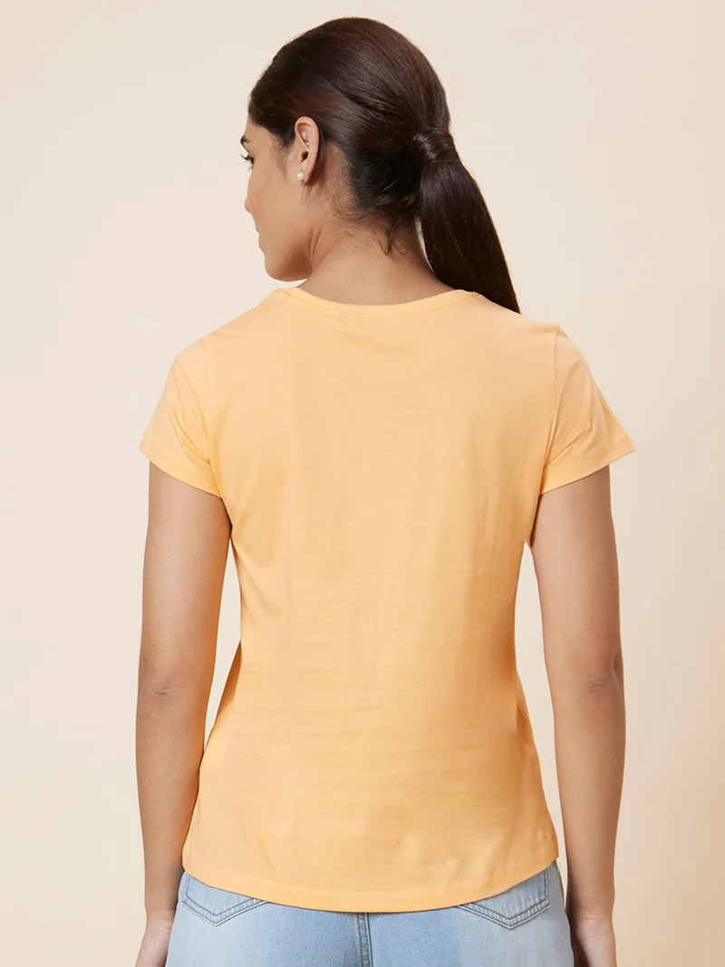 globus Globus Women Peach Typography Printed Pure Cotton T-Shirt
