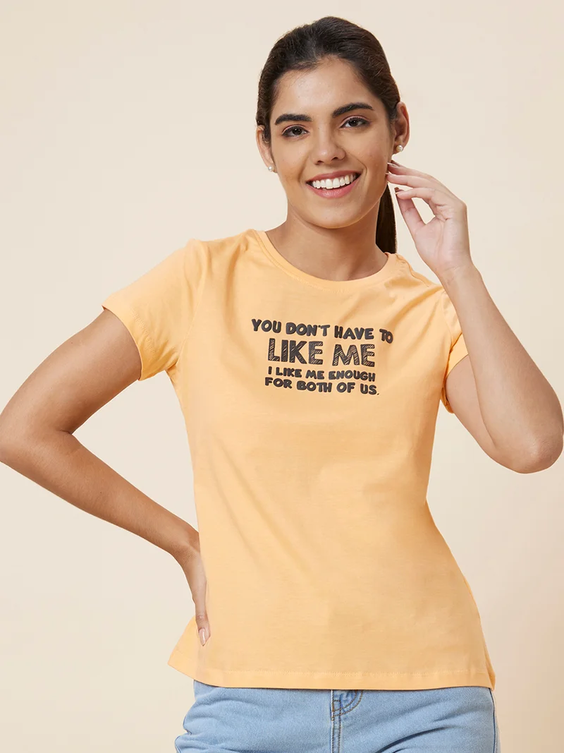 globus Globus Women Peach Typography Printed Pure Cotton T-Shirt