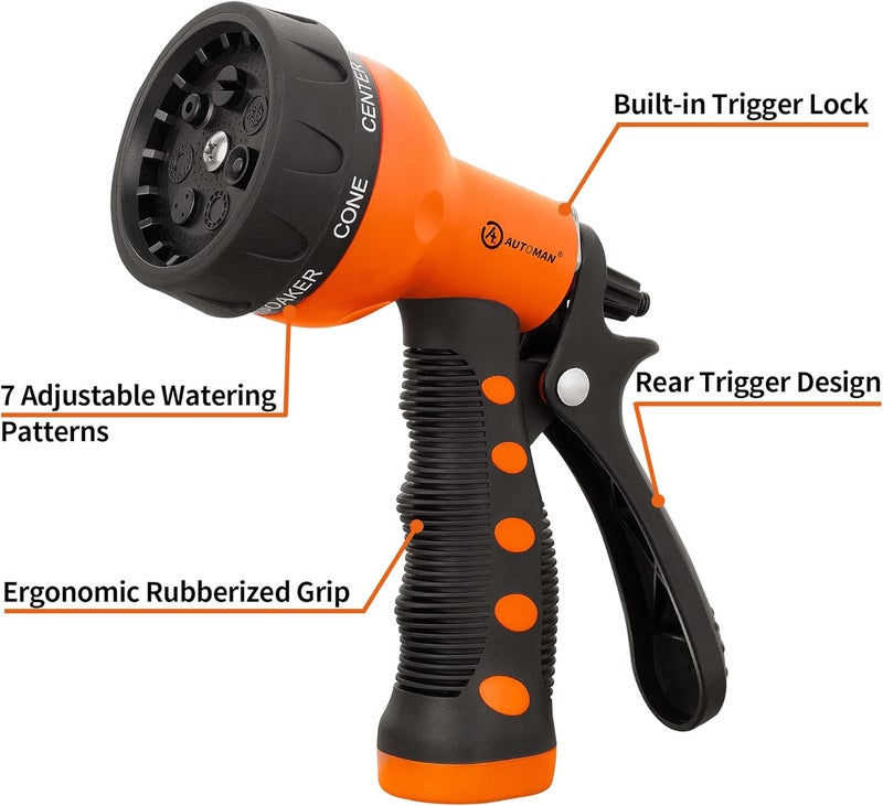 AUTOMAN -Garden-Hose-Nozzle,ABS Water Spray Nozzle with Heavy Duty 7 Adjustable Watering Patterns,Slip Resistant for Watering Plants,Lawn& Garden,Washing Cars,Cleaning,Showering Pets - Orange - Image 2