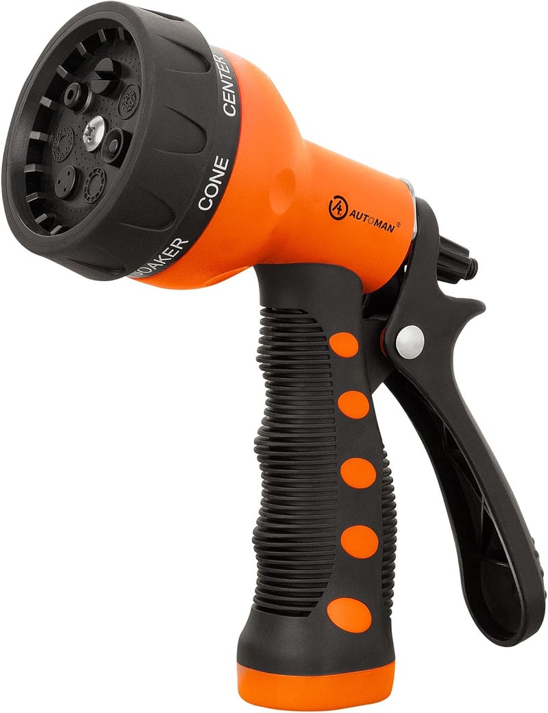 AUTOMAN -Garden-Hose-Nozzle,ABS Water Spray Nozzle with Heavy Duty 7 Adjustable Watering Patterns,Slip Resistant for Watering Plants,Lawn& Garden,Washing Cars,Cleaning,Showering Pets - Orange - Image 1