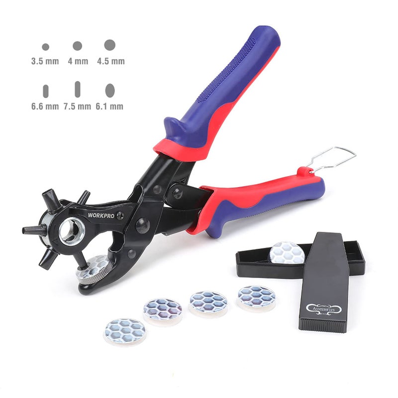 WORKPRO 6-in-1 Belt Hole Puncher, Revolving Leather Punch Pliers - Image 1