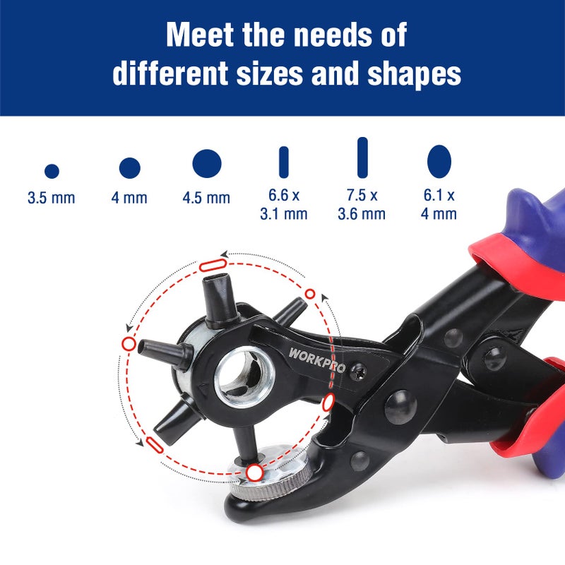WORKPRO 6-in-1 Belt Hole Puncher, Revolving Leather Punch Pliers - Image 3