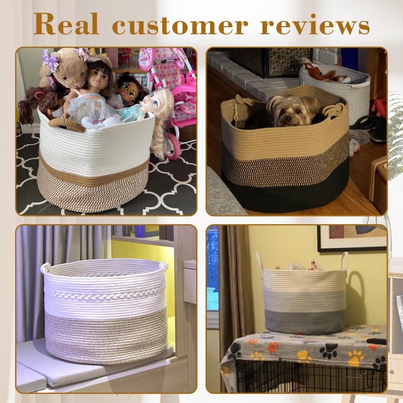 Degeyoyo 67L Large Blanket Basket, 20"x13" Woven Storage Baskets With Handle, Cotton Rope Blanket Basket Living Room, Baby Laundry hamper for Blanket, Nursery, Toy, Pillow (Brown & Black) - Image 5