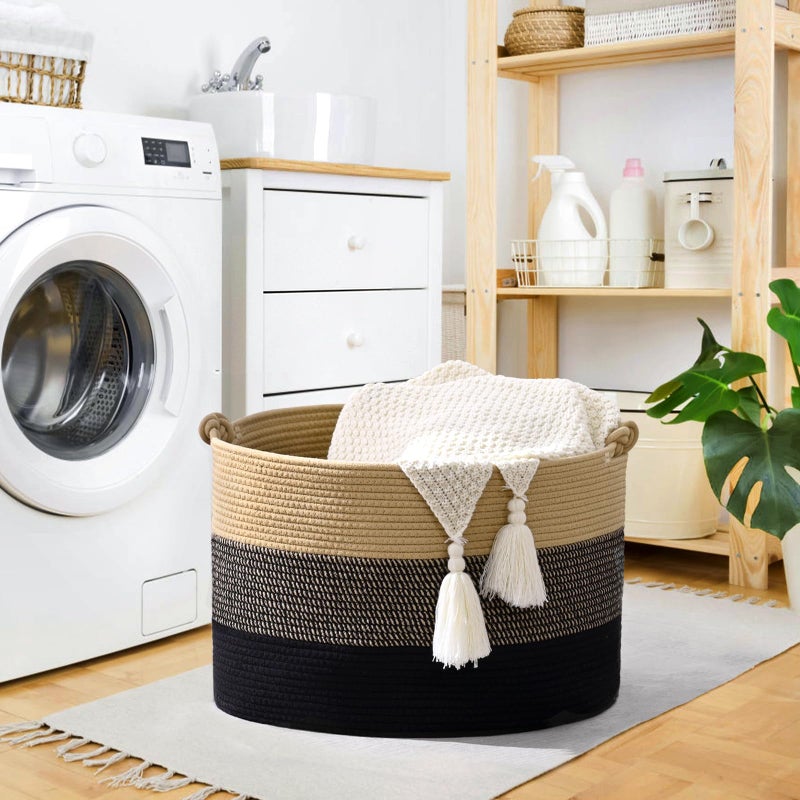 Degeyoyo 67L Large Blanket Basket, 20"x13" Woven Storage Baskets With Handle, Cotton Rope Blanket Basket Living Room, Baby Laundry hamper for Blanket, Nursery, Toy, Pillow (Brown & Black) - Image 4