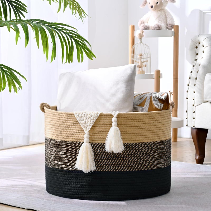 Degeyoyo 67L Large Blanket Basket, 20"x13" Woven Storage Baskets With Handle, Cotton Rope Blanket Basket Living Room, Baby Laundry hamper for Blanket, Nursery, Toy, Pillow (Brown & Black) - Image 2