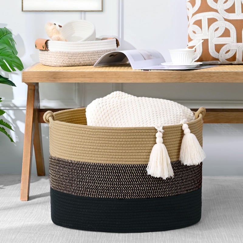 Degeyoyo 67L Large Blanket Basket, 20"x13" Woven Storage Baskets With Handle, Cotton Rope Blanket Basket Living Room, Baby Laundry hamper for Blanket, Nursery, Toy, Pillow (Brown & Black) - Image 3