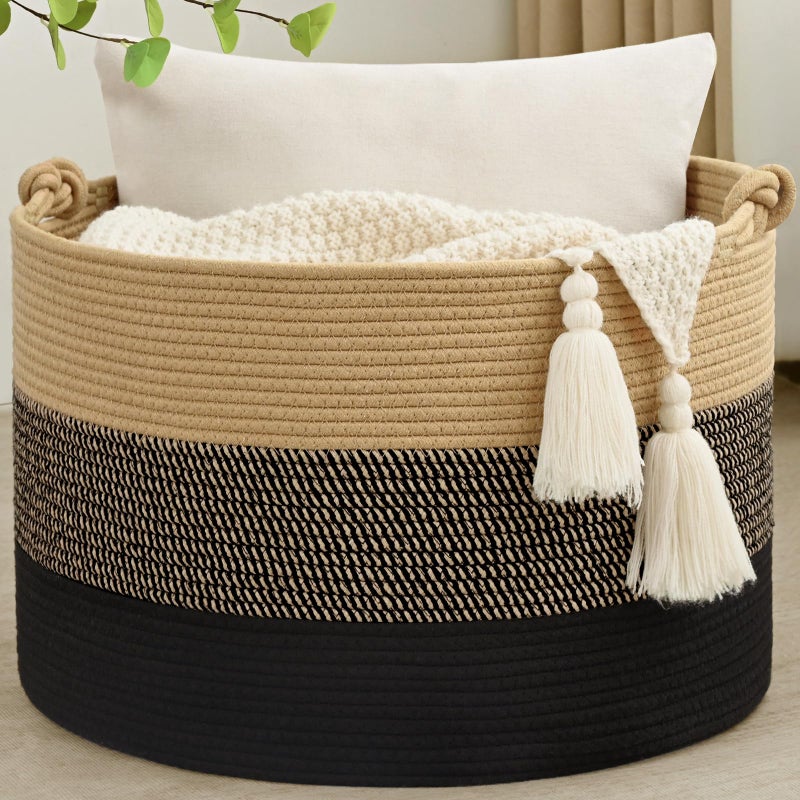 Degeyoyo 67L Large Blanket Basket, 20"x13" Woven Storage Baskets With Handle, Cotton Rope Blanket Basket Living Room, Baby Laundry hamper for Blanket, Nursery, Toy, Pillow (Brown & Black) - Image 1