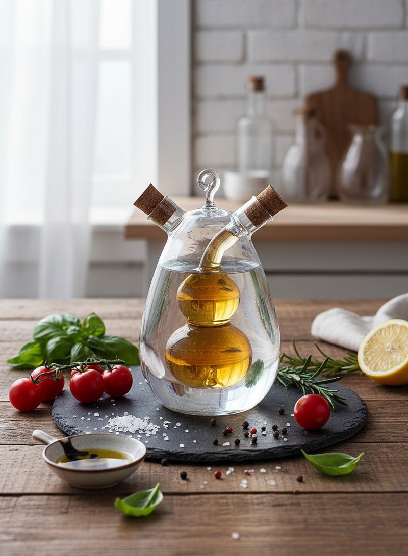 BarPros Elegant 2-in-1 Double Glass Oil and Vinegar Bottle, Dual Dispenser for Cooking and Salad Dressing, Transparent, BPA-Free, 15cm H x 9cm L - Image 2