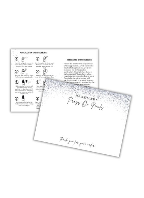 Handmade Acrylic Press On Nails Display Card | 5x7” 30 pk | w/Application Aftercare Instructions Inserts Glitter Sparkle for Packaging in Your 6 * 9 Holographic Bags Use With Double Sided Tape