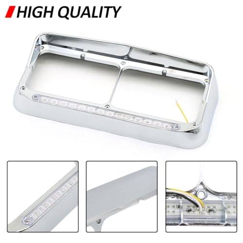LEAVAN Dual Rectangular 2X for 4x6 Light Headlight Bezel with 12" Amber LED Light Strip for Kenworth T400 T600 T800 W900B W900L Peterbilt 378 379 Western Star 4900 Trucks (Clear Lens/White LED) - Image 2