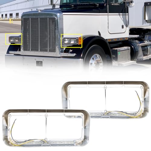 LEAVAN Dual Rectangular 2X for 4x6 Light Headlight Bezel with 12" Amber LED Light Strip for Kenworth T400 T600 T800 W900B W900L Peterbilt 378 379 Western Star 4900 Trucks (Clear Lens/White LED) - Image 4