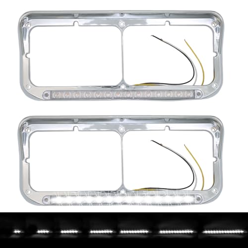 LEAVAN Dual Rectangular 2X for 4x6 Light Headlight Bezel with 12" Amber LED Light Strip for Kenworth T400 T600 T800 W900B W900L Peterbilt 378 379 Western Star 4900 Trucks (Clear Lens/White LED) - Image 1