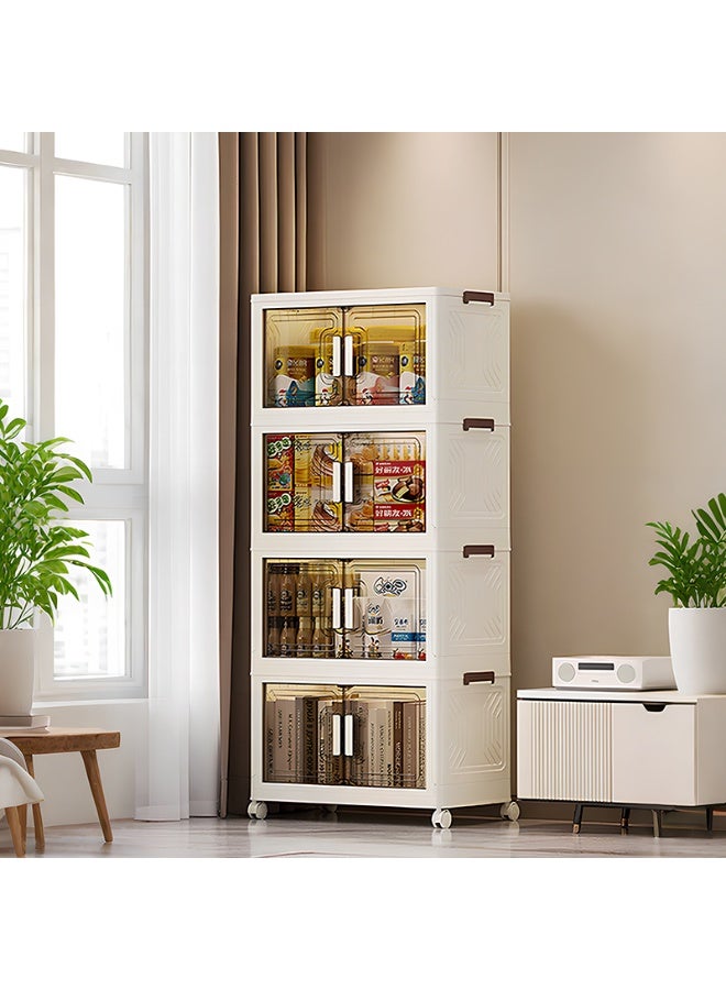 ايست من نون صناديق تخزين قابلة للطي بأربعة طبقات، صندوق تخزين قابل للطي مع عجلات وباب، حاوية تخزين بلاستيكية قابلة للتكديس للملابس والكتب والأشياء المتنوعة، 55 × 32 × 123 سم، كريمي - Image 1