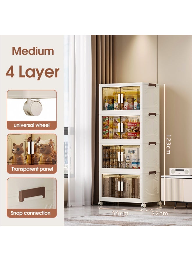 ايست من نون صناديق تخزين قابلة للطي بأربعة طبقات، صندوق تخزين قابل للطي مع عجلات وباب، حاوية تخزين بلاستيكية قابلة للتكديس للملابس والكتب والأشياء المتنوعة، 55 × 32 × 123 سم، كريمي - Image 2