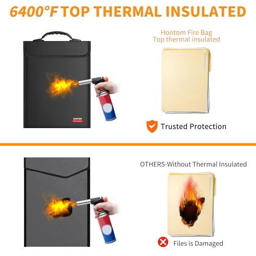 Hontom 6400℉ Fireproof Document Bag with Lid, 15.4"x11.4"x1.77" Fireproof Waterproof Money Bag with 2 Pockets for Files, 12 Layers Heat Insulated Safe Storage for A4 Legal Letter Size Documents and Valuables - Image 4