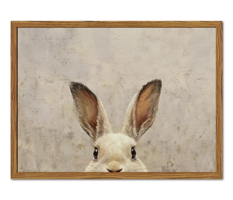 Hwetui Framed Vintage Rabbit Wall Art, Cute Easter Bunny Pictures Wall Decor, 3D Sandstone Textured Farmhouse Animal Paintings Prints Cottagecore Home Decor for Living Room Bedroom Nursery 12x16 inch - Image 1