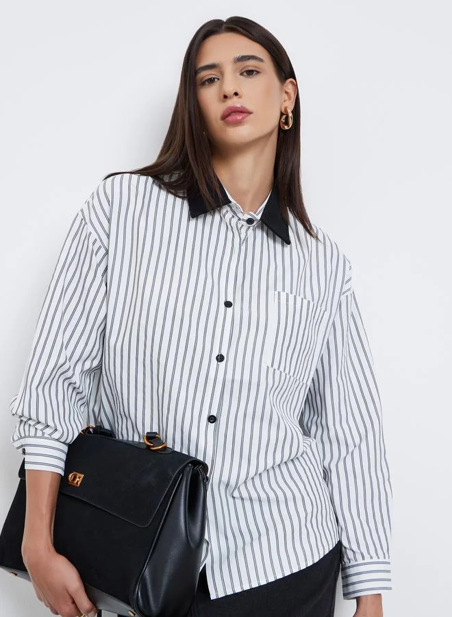 Styli Striped Contrast Collar Oversized Shirt