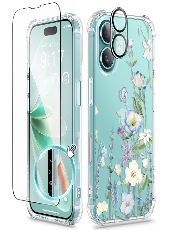 جراب GVIEWIN لهاتف iPhone 16 Plus، مع واقي للشاشة وواقي لعدسة الكاميرا، غطاء هاتف شفاف ناعم رفيع مقاوم للصدمات بنقشة زهور للنساء 2024 مقاس 6.7 بوصة (أكويليجيا/أبيض) - Image 1