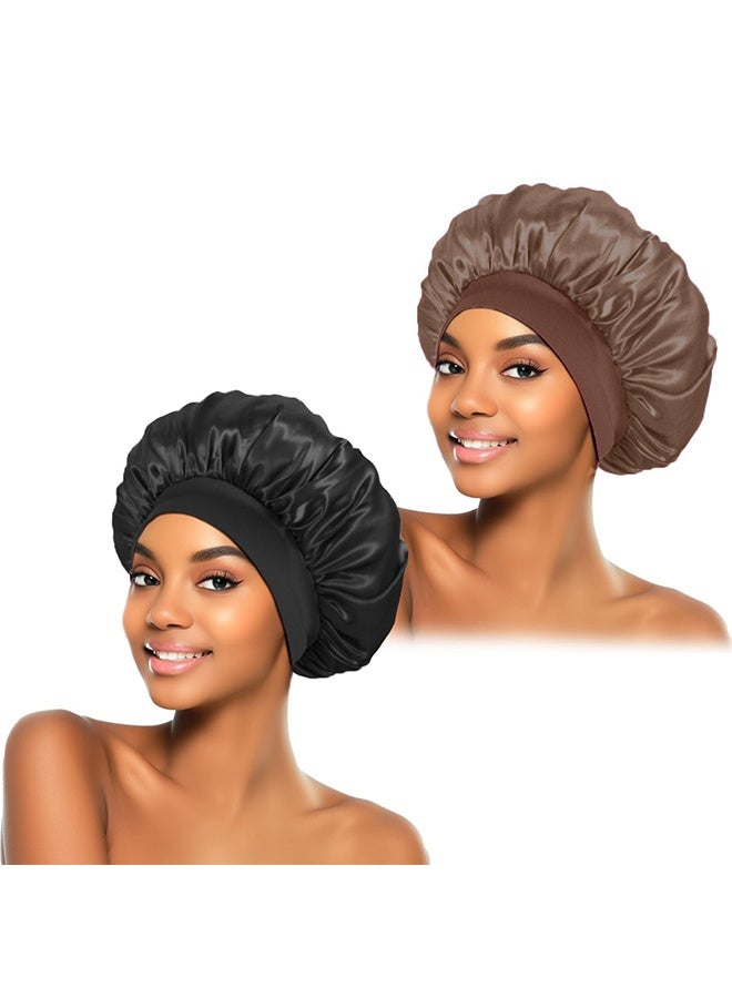 BOFAN 2Pcs Silk Bonnet for Sleeping, Satin Hair Bonnets, Soft Elastic Band Silk Sleep Cap, Hair Wrap for Women(Black&Brown) - Image 1