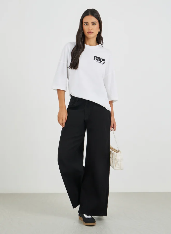 Styli Styli Slogan Print Exaggerated Shoulder Oversized T-Shirt
