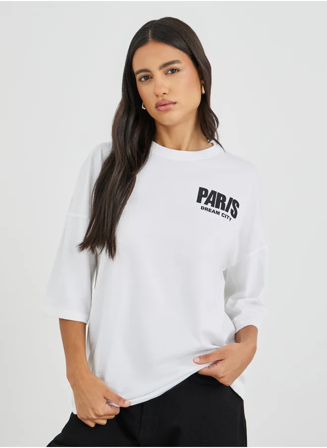 ستايلي Styli Slogan Print Exaggerated Shoulder Oversized T-Shirt