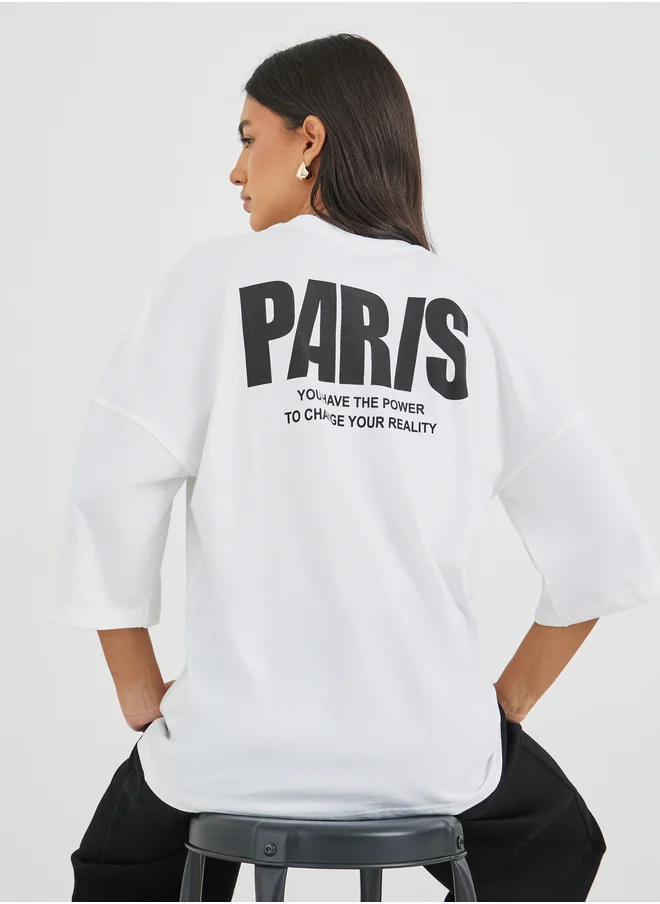 ستايلي Styli Slogan Print Exaggerated Shoulder Oversized T-Shirt