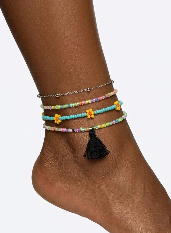 تايك تو Set of 4 - Beaded Flower Tassel Anklet