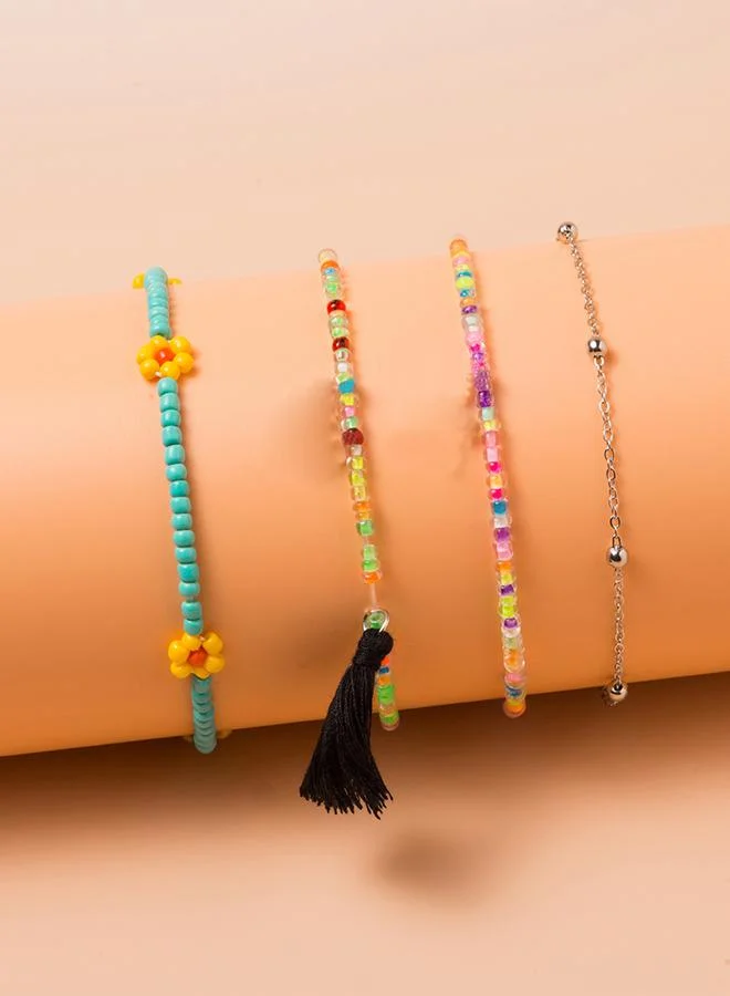 تايك تو Set of 4 - Beaded Flower Tassel Anklet