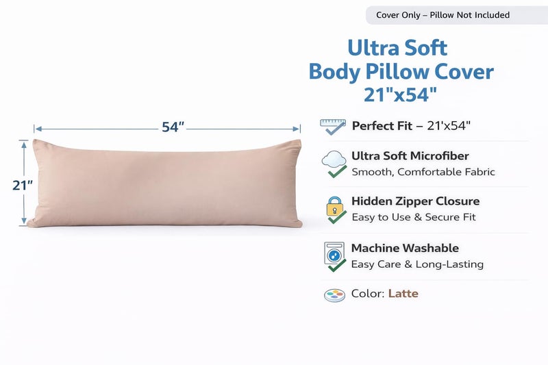 EVOLIVE Body Pillow Cover 21"x54", Ultra Soft Microfiber Pillowcase with Hidden Zipper, Breathable, Machine Washable, for Side Sleepers, Cover Only (21"x54" Body Pillow Cover, Latte) - Image 2