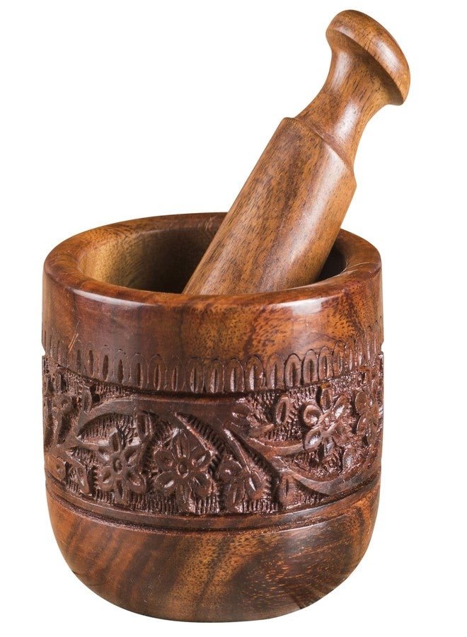 TrendBell Mother's Day Gifts Handmade Natural Wooden Mortar & Pestle Mixing Grinder Set for Garlic Press, Coffee Grinder, Ginger Crusher, Spice Grinding & Kitchen 4 Inch Diameter - Image 1