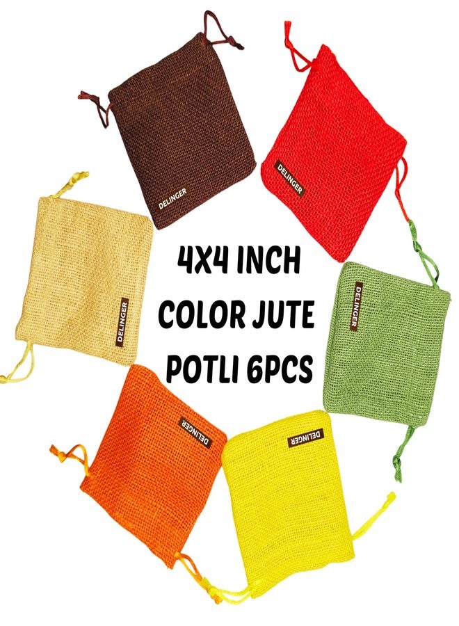 Delinger Jute Drawstring Potli Bags Multi-Color 4x4 Inch Set of 6 – Durable Pouches for Gifting, Jewelry, Party Favors, Wedding Return Gifts, Diwali Hampers, and Festive Packaging - Image 4