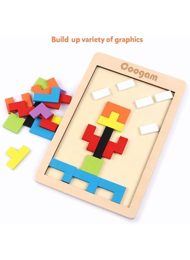 Coogam Wooden Tetris Puzzle Brain Teasers Toy Tangram Jigsaw Intelligence Colorful 3D Russian Blocks Game STEM Montessori Educational Gift for Baby Kids (40 Pcs) - Image 4