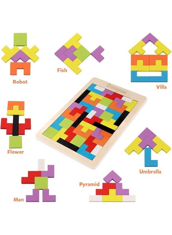 Coogam Wooden Tetris Puzzle Brain Teasers Toy Tangram Jigsaw Intelligence Colorful 3D Russian Blocks Game STEM Montessori Educational Gift for Baby Kids (40 Pcs) - Image 1