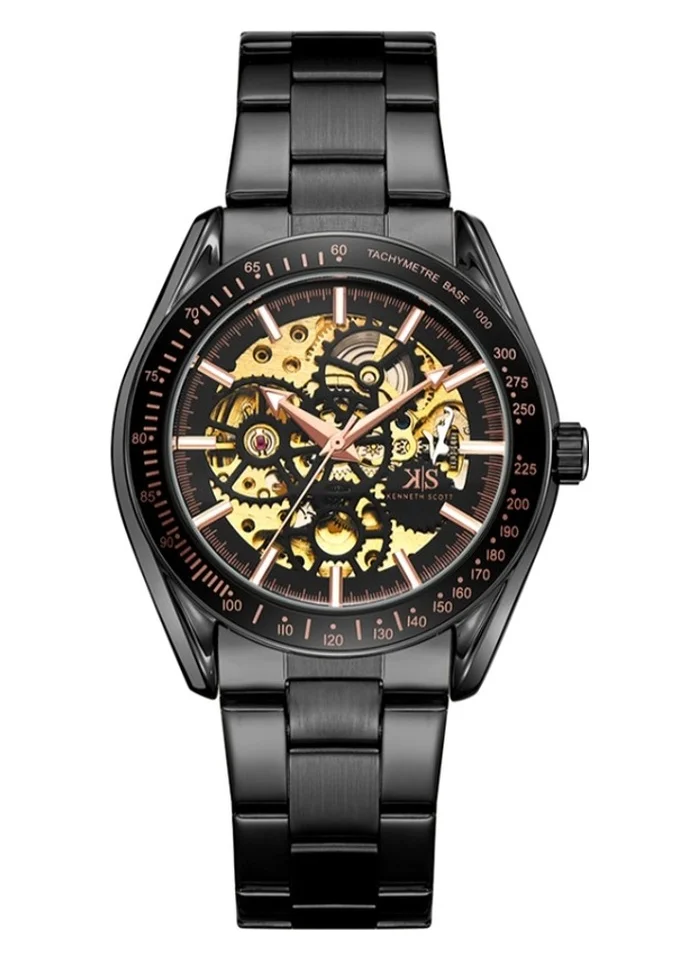 KENNETH SCOTT Kenneth Scott K22312-BBBB Men's Mechanical Display Watch & Stainless Steel Strap Black