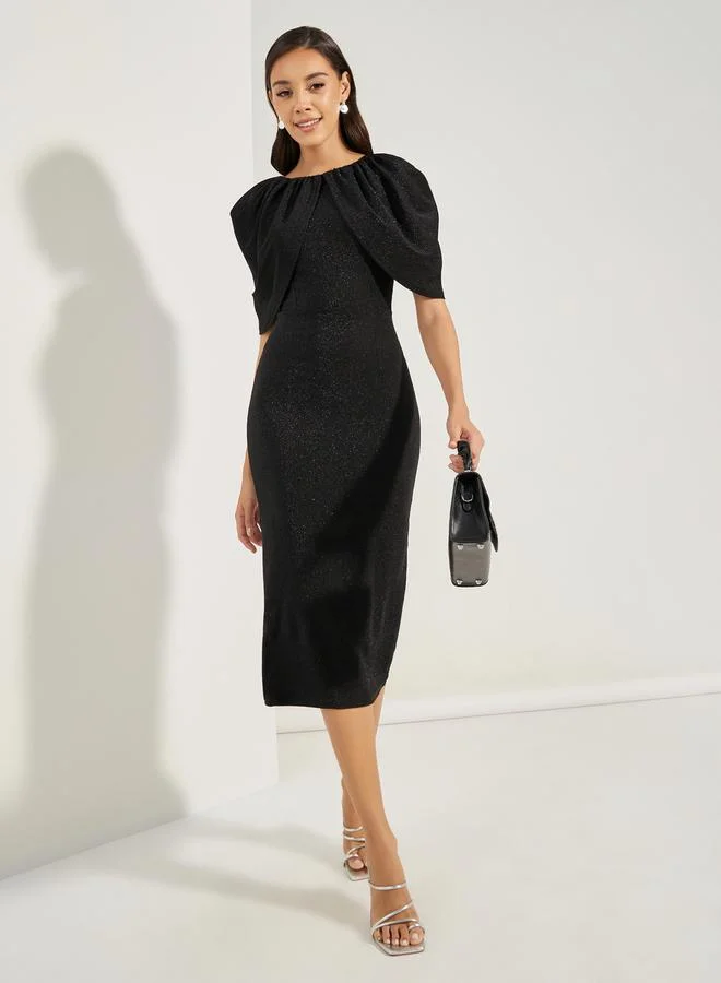 ستايلي Glitter Look Draped Sleeves Sheath Midi Dress