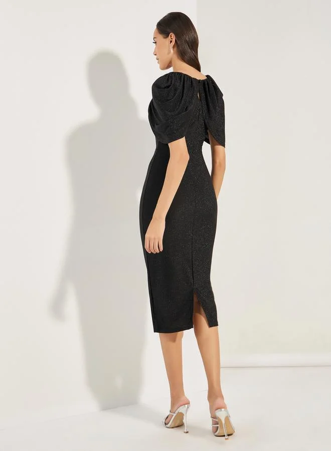ستايلي Glitter Look Draped Sleeves Sheath Midi Dress