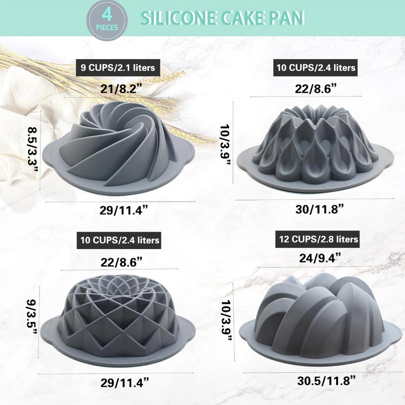 Tongjude 4 Pieces Silicone Fluted Cake Pans, 9/10/12 Cups Tube Baking Pan, Silicone Molds for Homemade Cake, Bread and Jello, Non-Stick, Grey - Image 3