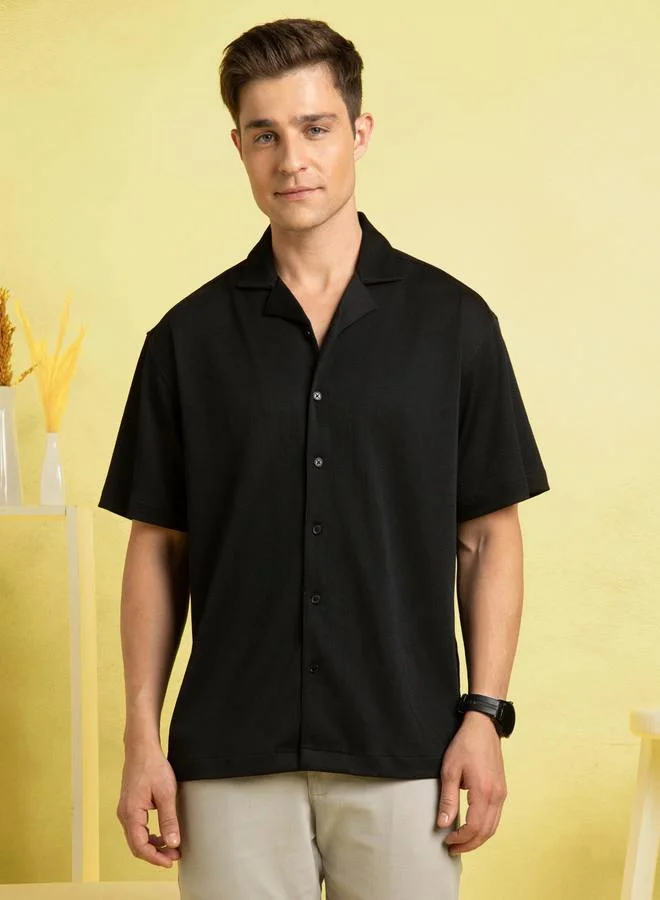 دينيس لينغو Black Relaxed Fit Cuban Collar Half Sleeve Shirt For Men Made From 100% Poly Fabric