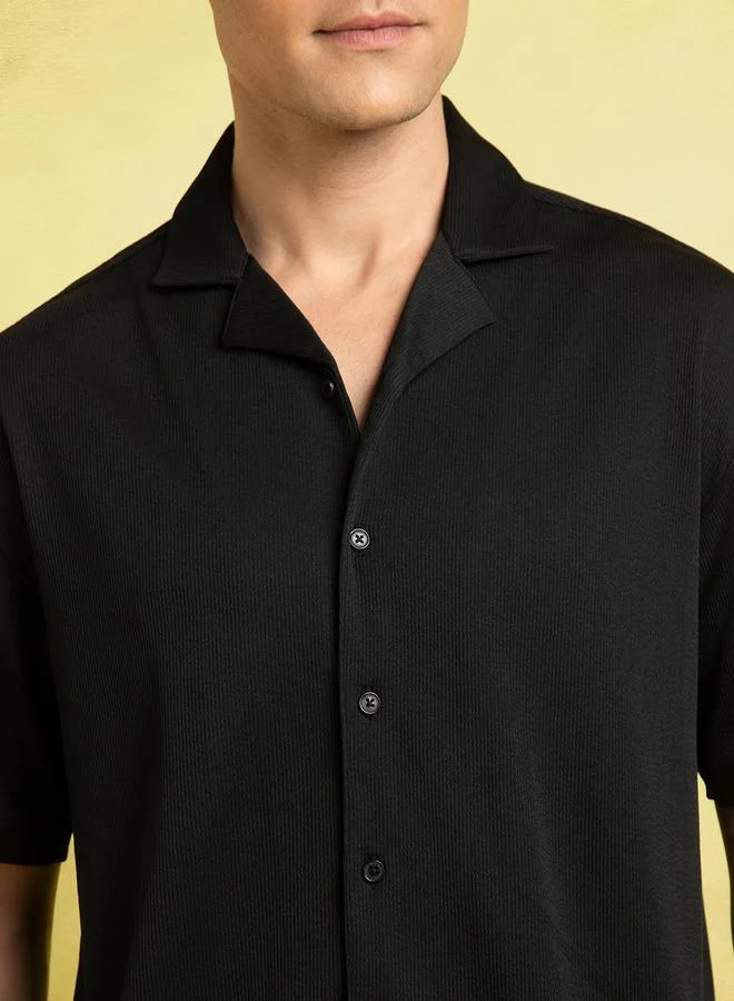 دينيس لينغو Black Relaxed Fit Cuban Collar Half Sleeve Shirt For Men Made From 100% Poly Fabric