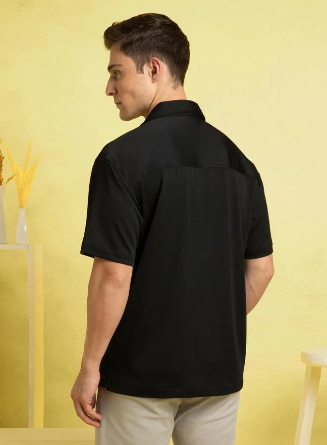 دينيس لينغو Black Relaxed Fit Cuban Collar Half Sleeve Shirt For Men Made From 100% Poly Fabric