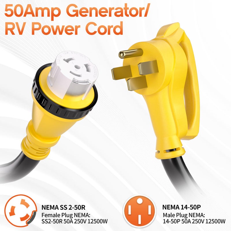 Deeklify 25FT 50 Amp Generator Cord, NEMA 14-50P/SS2-50R Heavy-Duty 4 Conductors Cable, Pure Copper STW RV Extension Cord, Female Plug with Twist Lock, Suitable for RV or Camper, ETL Listed - Image 2