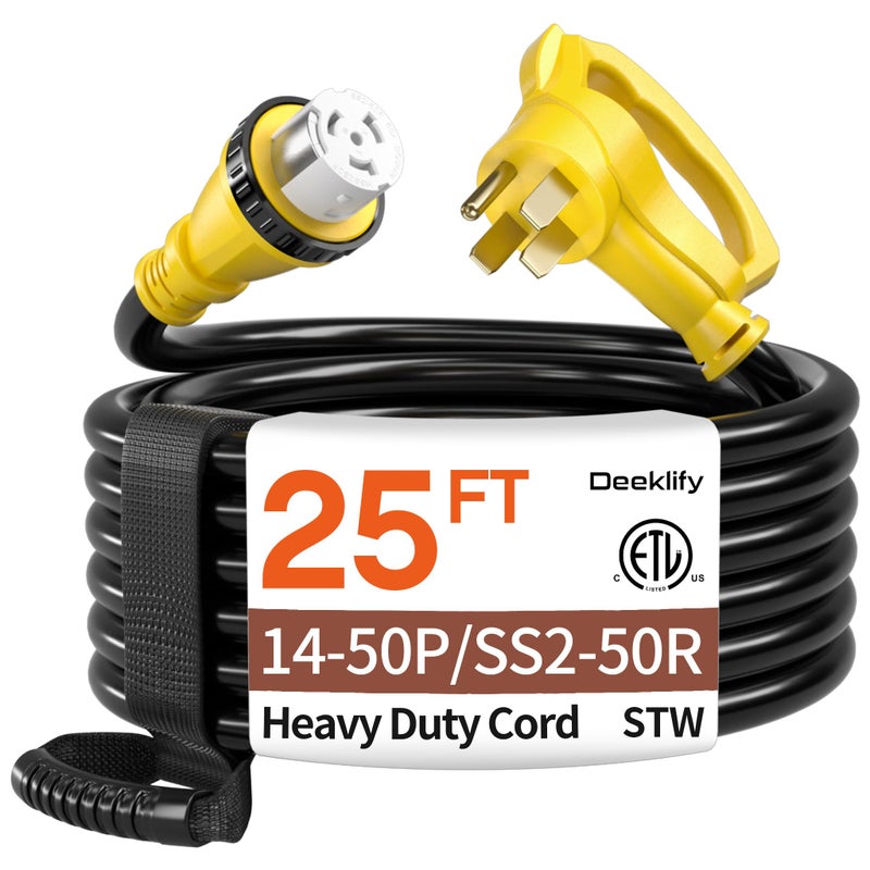 Deeklify 25FT 50 Amp Generator Cord, NEMA 14-50P/SS2-50R Heavy-Duty 4 Conductors Cable, Pure Copper STW RV Extension Cord, Female Plug with Twist Lock, Suitable for RV or Camper, ETL Listed - Image 1