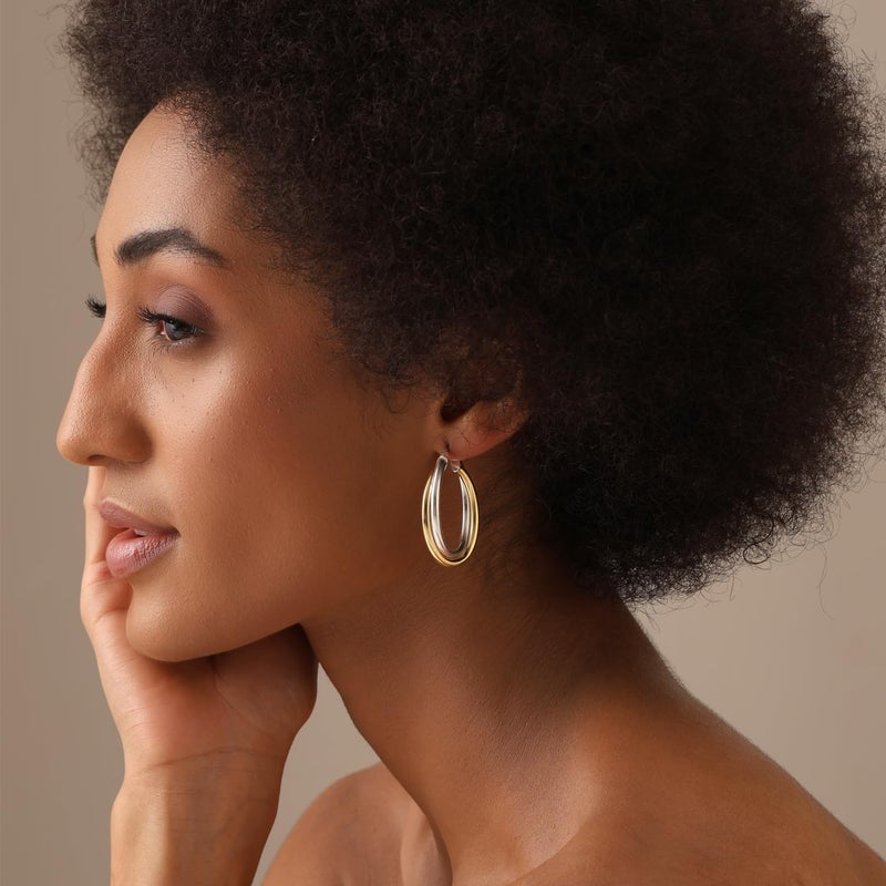 LeCalla 925 Sterling Silver Hoop Earrings 14K Gold-Plated Jewelry Two-Tone Intertwining Large Oval Shape Chunky Hoops Earring for Women - 35mm - Image 2