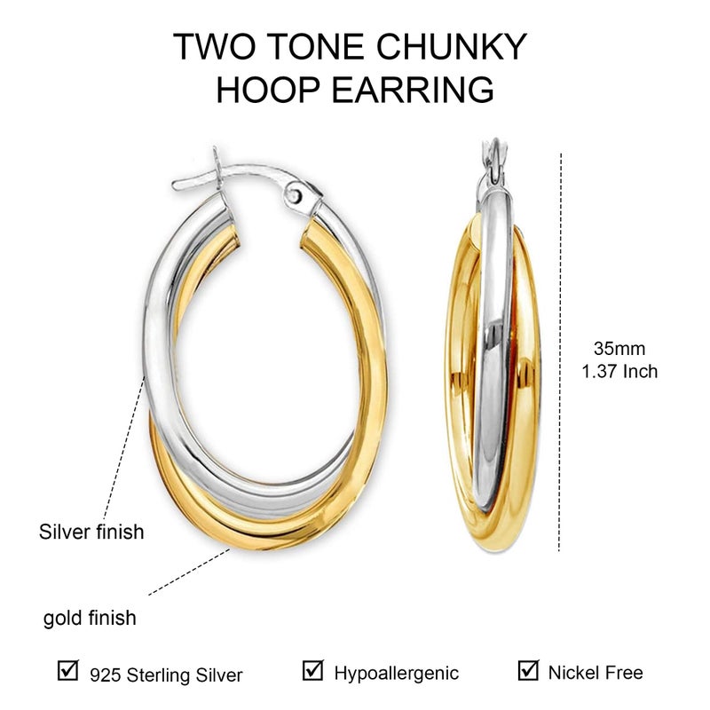 LeCalla 925 Sterling Silver Hoop Earrings 14K Gold-Plated Jewelry Two-Tone Intertwining Large Oval Shape Chunky Hoops Earring for Women - 35mm - Image 4