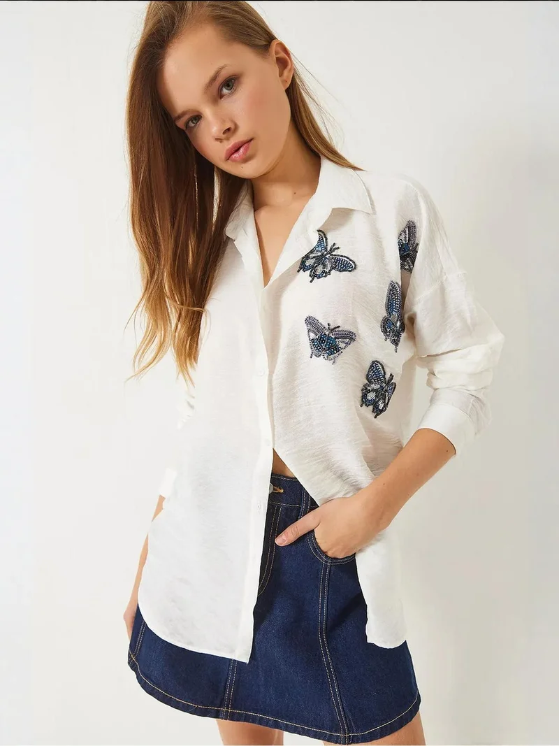 Bianco Lucci White LUCCI Oversized Embroidered Shirt with Button Closure for Women | Best Price UAE