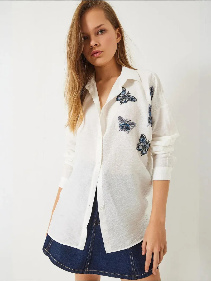 Bianco Lucci White LUCCI Oversized Embroidered Shirt with Button Closure for Women | Best Price UAE