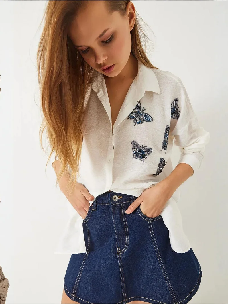 Bianco Lucci White LUCCI Oversized Embroidered Shirt with Button Closure for Women | Best Price UAE