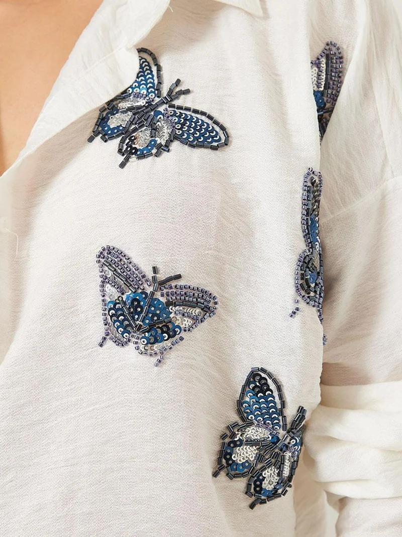 Bianco Lucci White LUCCI Oversized Embroidered Shirt with Button Closure for Women | Best Price UAE
